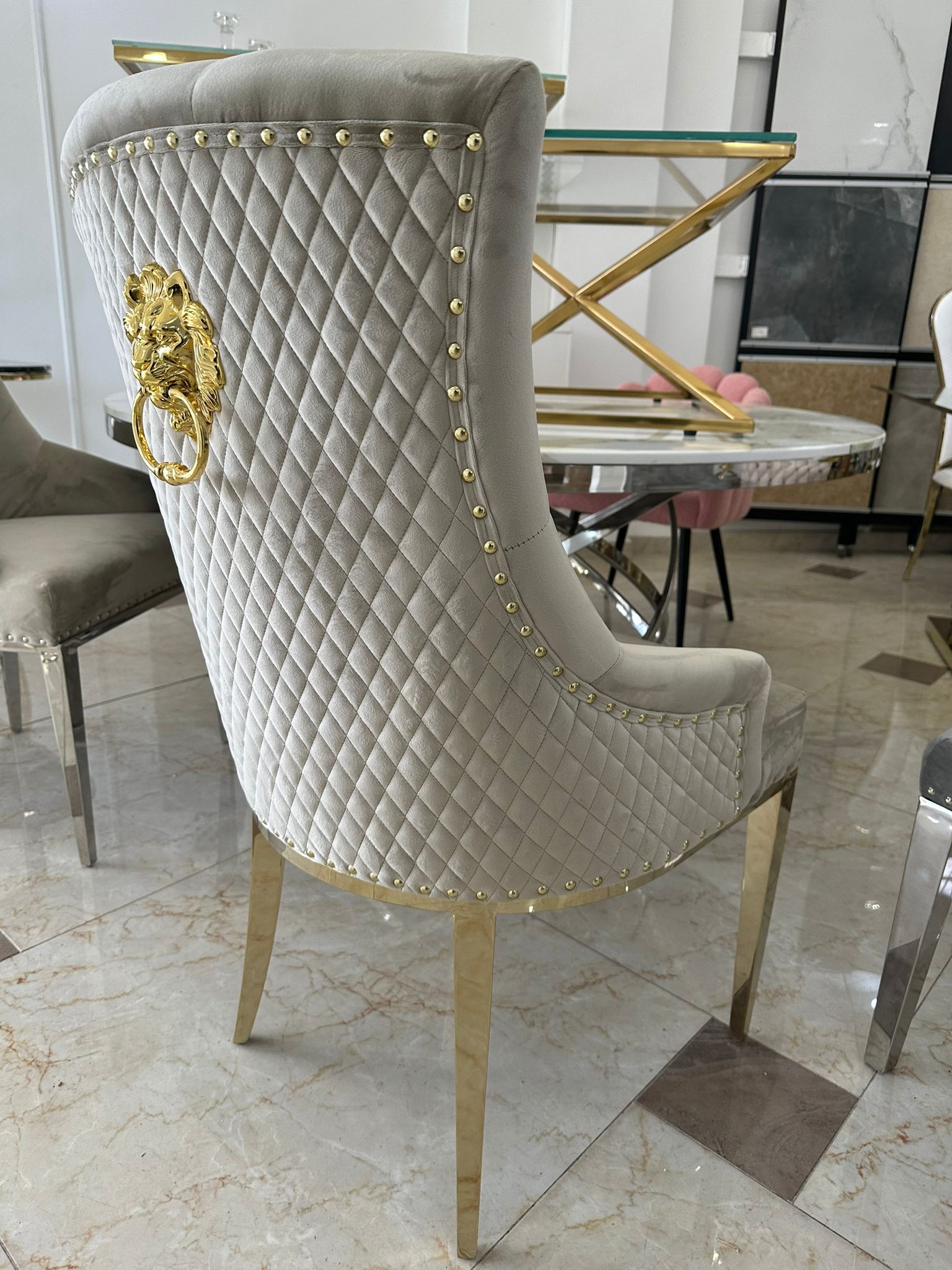 Chesterfield Stuhl Barock Samt Beige Gold Edelstahl Esszimmerstühle Polsterstuhl