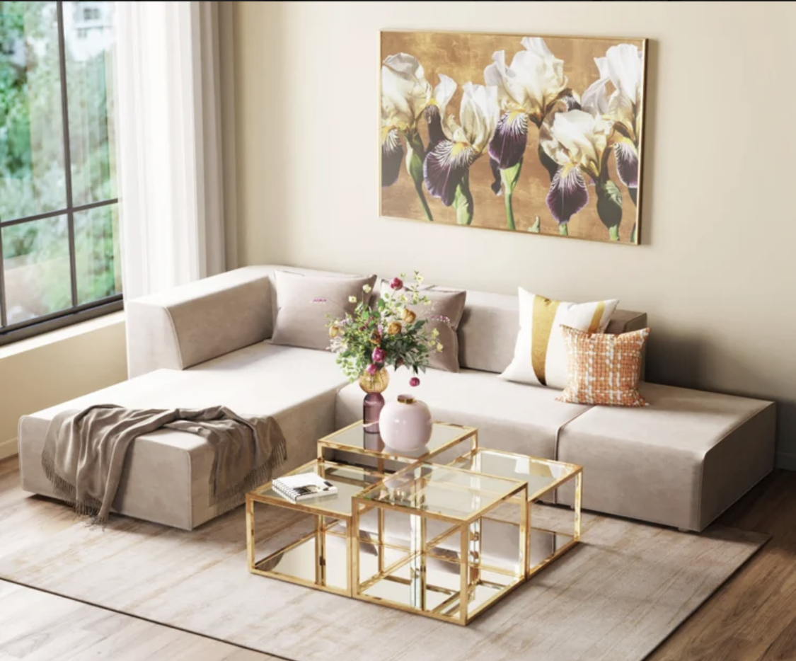 Couchtisch Set Gold Spiegel Glas Tisch Wohnzimmertisch 4 teiliges Couchtisch