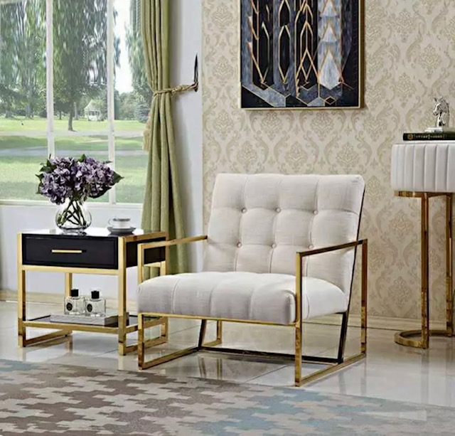 Chesterfield Sessel Chesterfield Stuhl Beige Gold Edelstahl Samtstoff