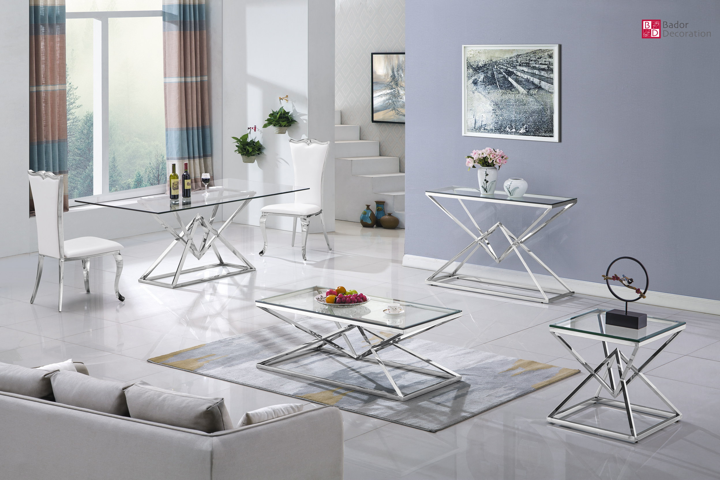 Design Esstisch Silber Edelstahl Tempered Glas Tisch Esszimmer Tisch 180x90 cm