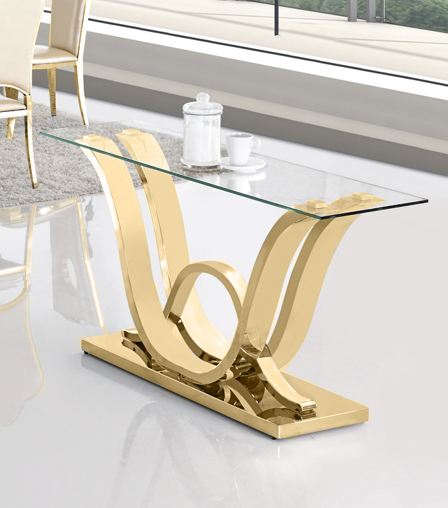 Designer Konsolentisch Edelstahl Glastisch Tisch Gold Hochglanz Wohnzimmertisch