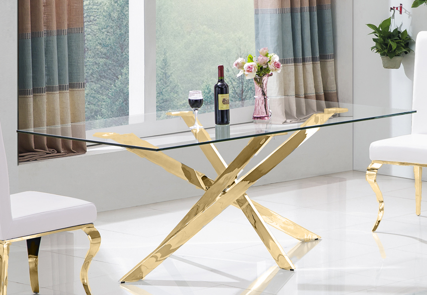 Design Esstisch Edelstahl Tempered Glass Tisch Esszimmer Tisch Gold 180x90 cm