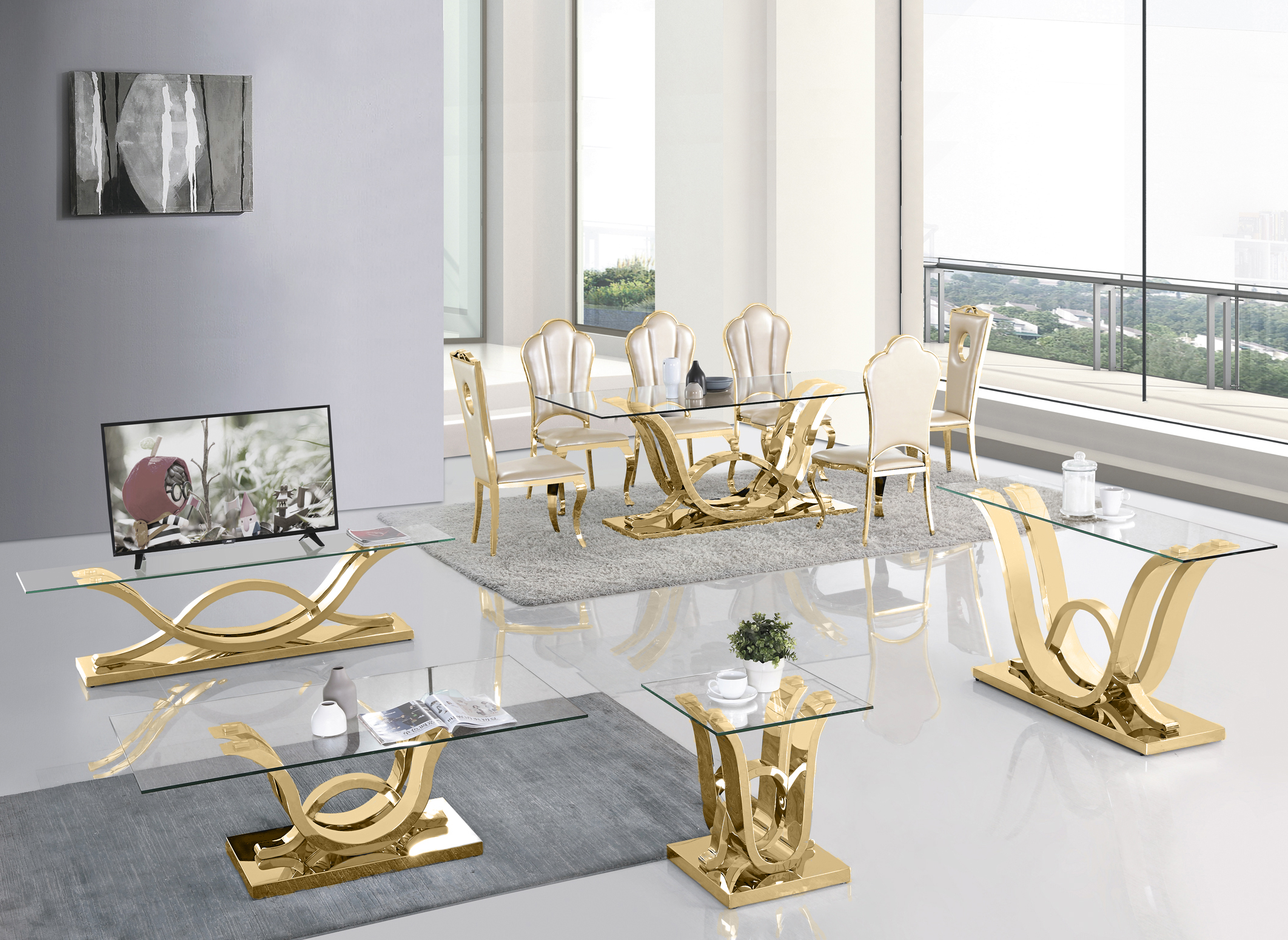 Designer Konsolentisch Edelstahl Glastisch Tisch Gold Hochglanz Wohnzimmertisch
